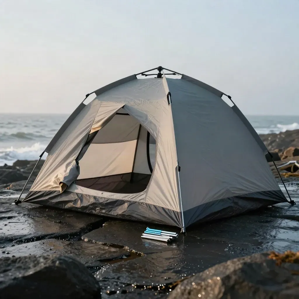 Tente pop-up deux places sur pierre mouillée, avec sac et sardines, dans la brume marine.