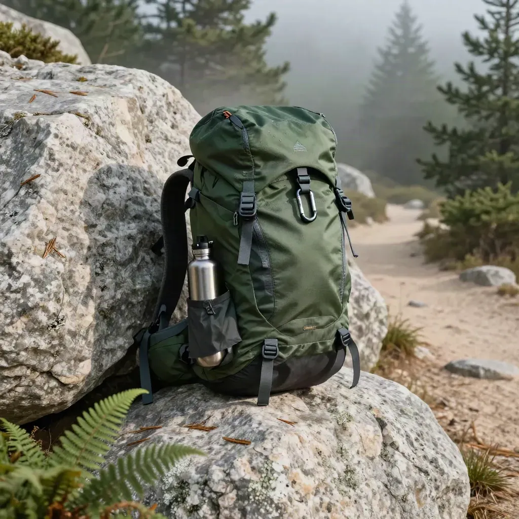 Sac à dos de randonnée vert forêt près d’un rocher, avec gourde et poncho, dans une brume matinale.