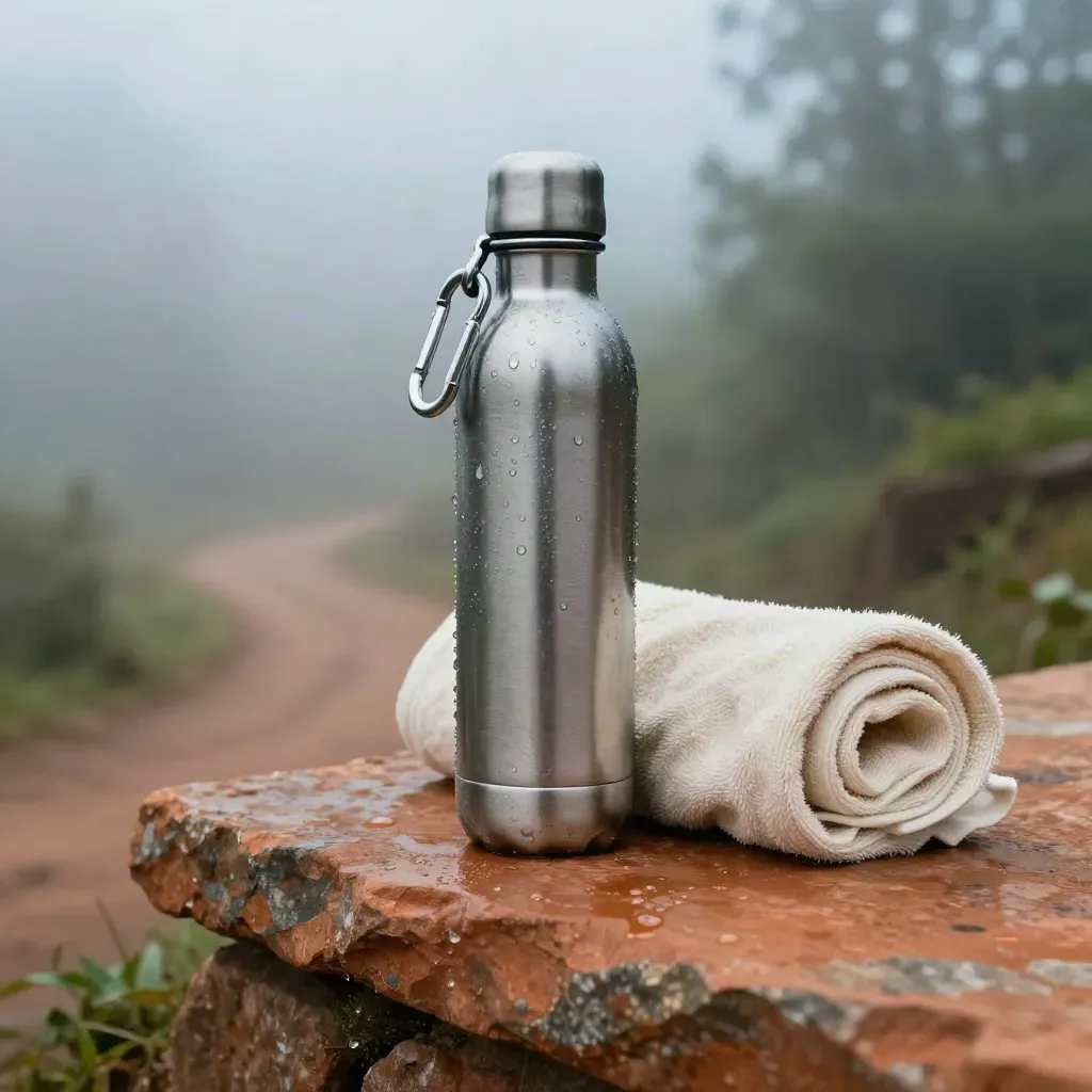 Gourde inox condensée avec serviette roulée et mousqueton sur une pierre chaude et humide.