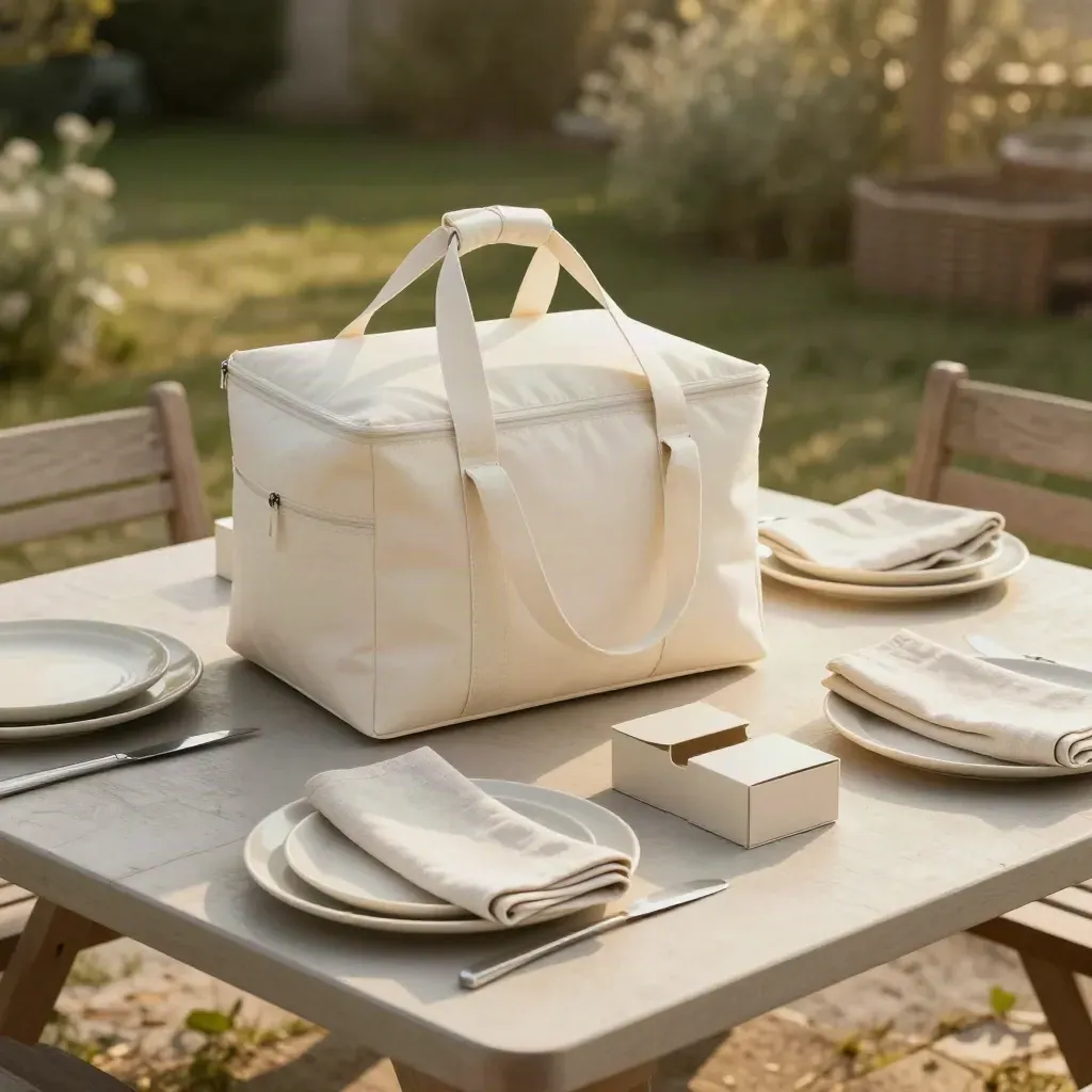 Set pique-nique 4 personnes avec sac isotherme, assiettes et boîtes sur table en bois clair.