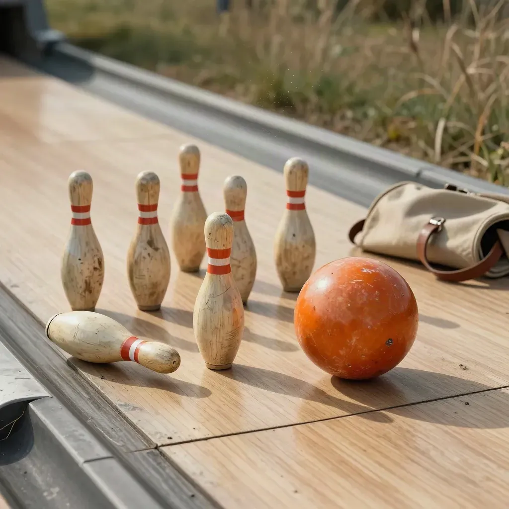 Jeu de quilles en bois peint renversé, balle d’impact et sac de transport sur dalle claire.